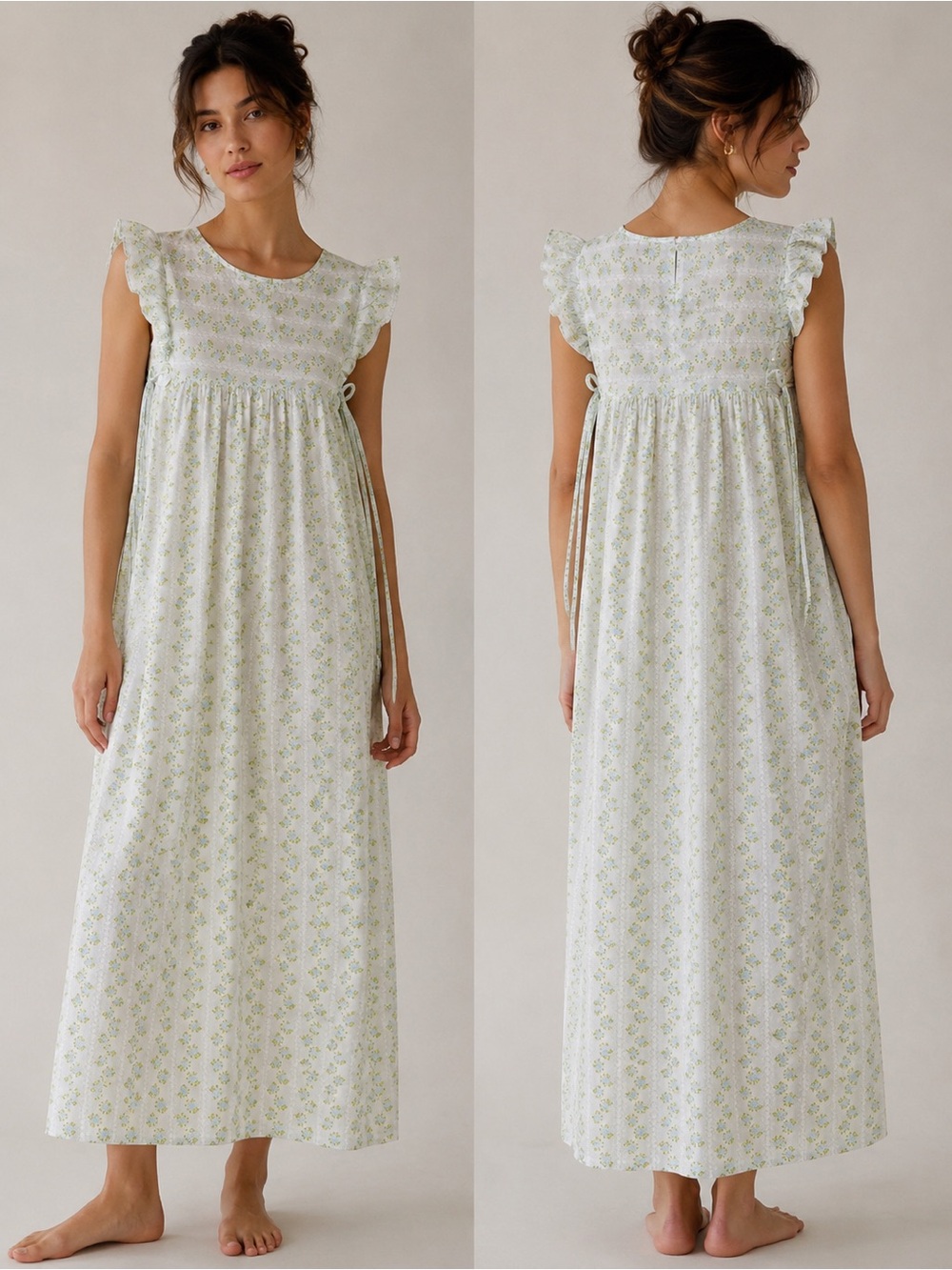 Vintage White and Light Green Floral Nightgown Chemise